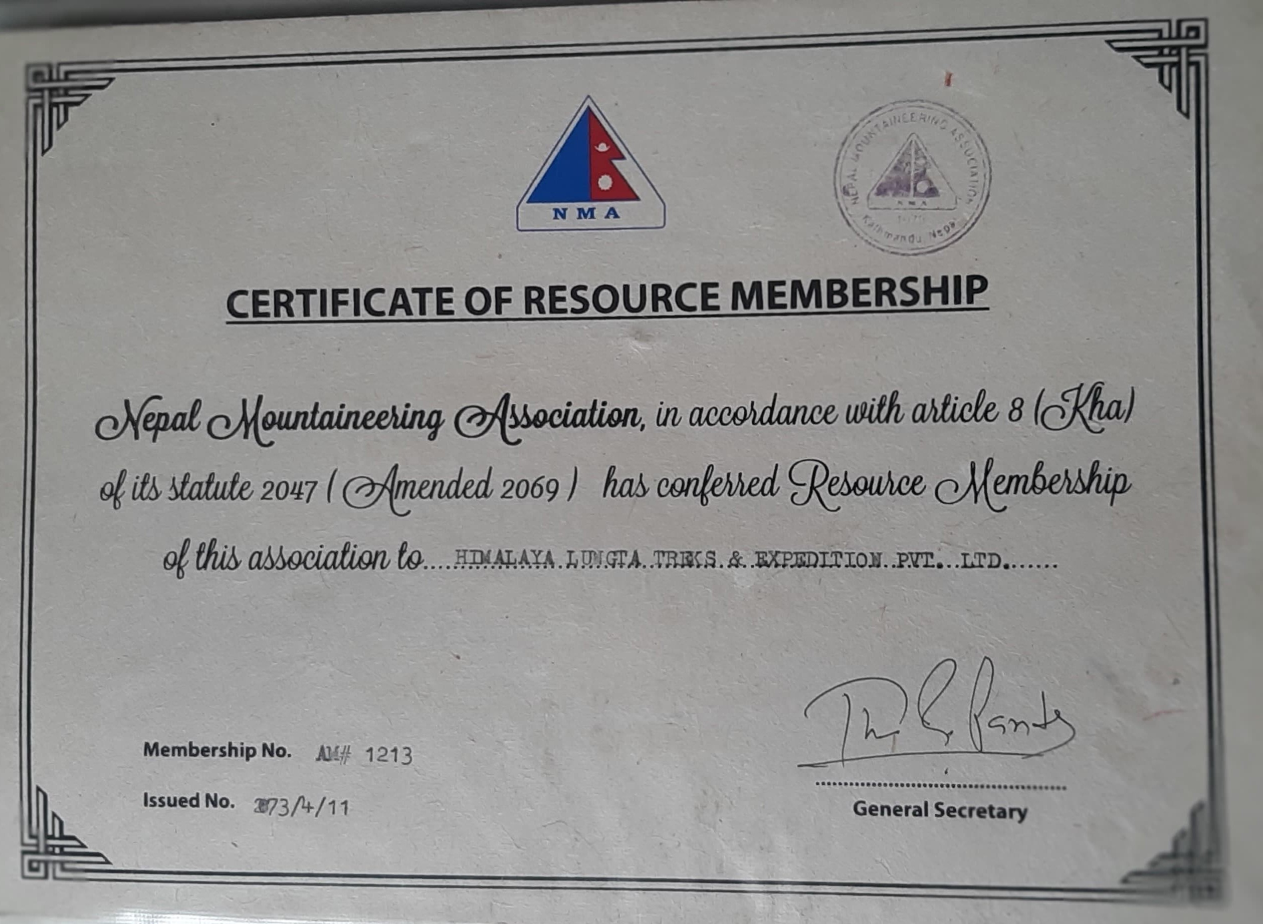 Certificate from Nepal Mountaineering Association