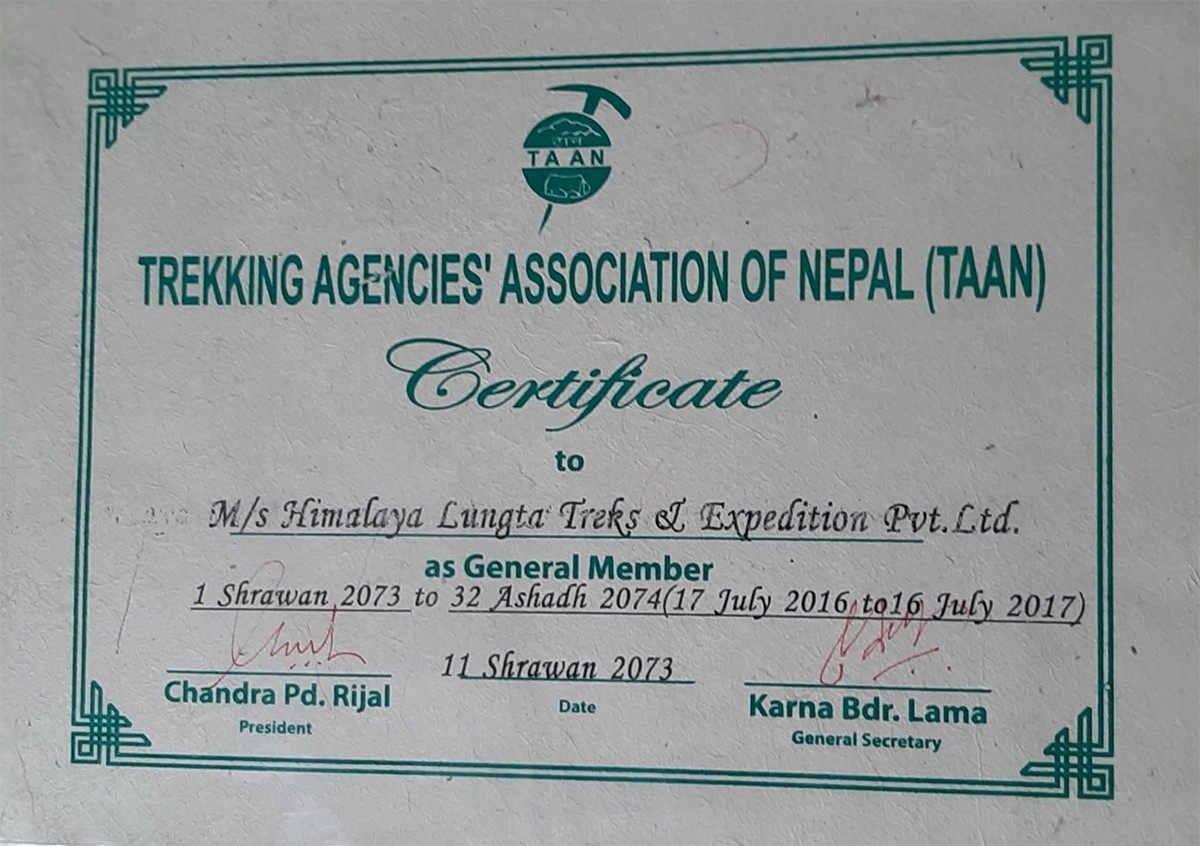 Certificate from Trekking Agencies' Association of Nepal